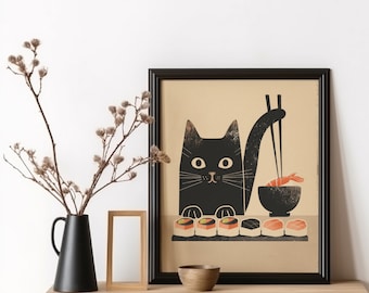 Japanese Sushi Cat, Black Cat Print, Gift for Cat Lover, Kitchen Wall Art, Funny Black Cat, Sushi Wall Art, Asian Cat Illustration