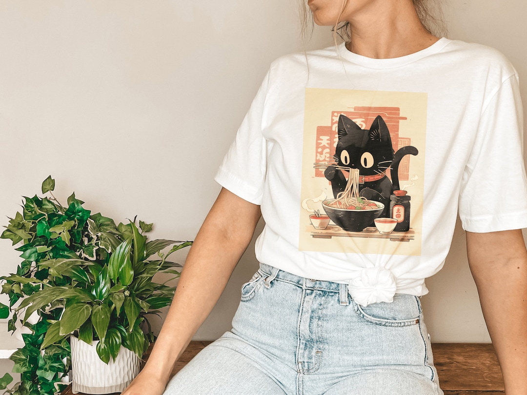 Ramen Cat T-shirt, Black Cat Ramen Noodles Tee Shirt, Japanese Cuisine ...