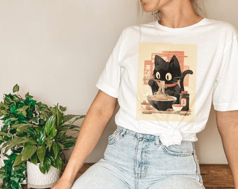 Ramen Cat T-Shirt, Black Cat Ramen Noodles Tee Shirt, Japanese Cuisine T-Shirt, Kawaii Graphic Tees, Miresgal Black Cat Gift