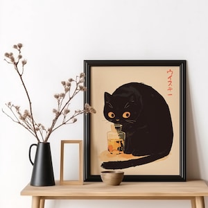 Japanische Whisky Katze Art Lustige schwarze Katze Wandkunst Japanische Sake Kunst Anime Katze Druck Japanische Küche Deko Cocktail Poster Asiatische Bar Kunst