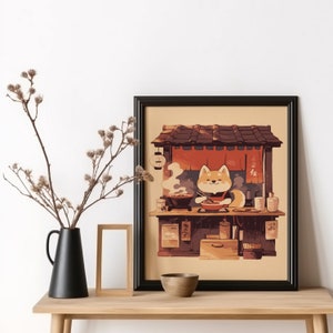 Ilustración de perro de tienda de fideos ramen japonesa Arte de pared de cocina japonesa Perro de anime Regalo para amantes de los Shiba Inu Póster de perro Animal Chef