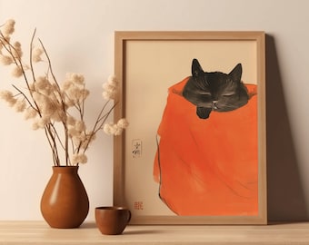 Vintage Japanese Sleeping Cat Poster, Japanese Cat Print, Cat Gift, Gift for Cat Lovers, Ukiyo-e Print, Animal Wall Decor, Oriental Decor