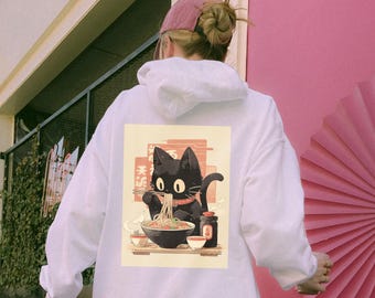 Sweat à capuche ramen chat, sweat à capuche chat noir nouilles ramen, sweat-shirt à capuche cuisine japonaise confortable, pulls graphiques kawaii, sweat à capuche Miresgal