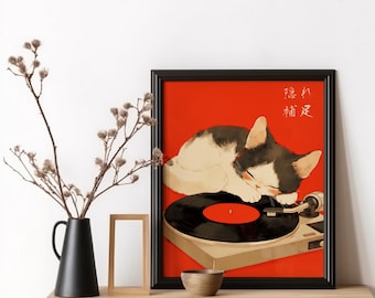 Katze Wand Kunst Plattenspieler Poster Japanische Musik Wand Kunst Vinyl Player Druck Musik Poster Tier Musik Poster Japanische Musik Druck