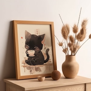 Kaffekattposter, japansk katt som dricker kaffe, väggdekoration i köket, kattkonsttryck, animekatt, presenter till kattälskare bild 4