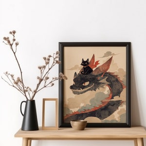 Impresión de arte de dragón montando gato negro, cartel de dragón y gato, arte de fantasía, arte de dibujos animados, ilustración, regalos para amantes de los gatos, regalos para amantes del dragón