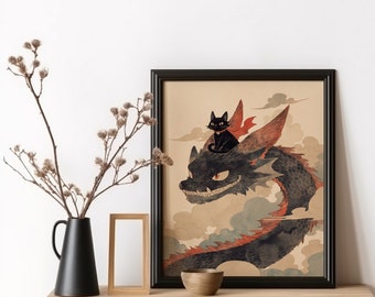 ドラゴンに乗る黒猫のアートプリント、ドラゴンと猫のポスター、ファンタジーアート、漫画アート、イラスト、猫好きへのギフト、ドラゴン好きへのギフト