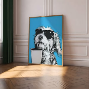Blue Dog Funny Wall Art, Sunglasses Coffee Dog Art Print, Coffee Lover Gift, Minimalistic Dog Art, Trendy Dog Poster Wall Art, Happy Dog Art