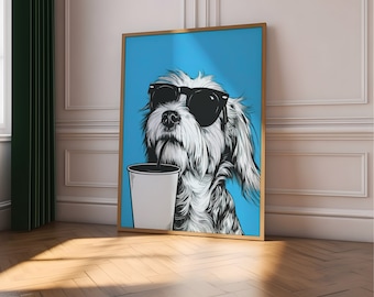 May include: A black and white illustration of a dog wearing sunglasses and holding a white cup. The dog is on a blue background.