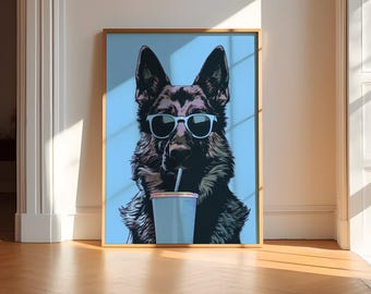 Blue German Shepherd Art Print: Coffee Lover Gift, Funny Dog Poster