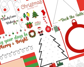 Op de afbeelding: Een digitale knutselbox met kerstthema's. De doos bevat een snoepstok, een kerstboom, een kerstman en een krans. De tekst op de doos luidt "Kerst Speurtocht" en "Vrolijk en Licht".
