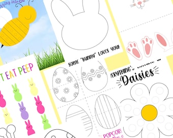 May include: An Easter Digital Craft Box with various printable activities. Includes a bee, bunny outline, Easter eggs, bunny feet, and the text "SOME 'BUNNY' LOVES YOU!" and "EVERYTHING'S DAISIES". The image is on a white background.