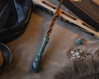Сustom Legacy wand. Magic Wand. Wooden Wand. Gift for Wizard and Witch. Corkscrew - Teal Blue