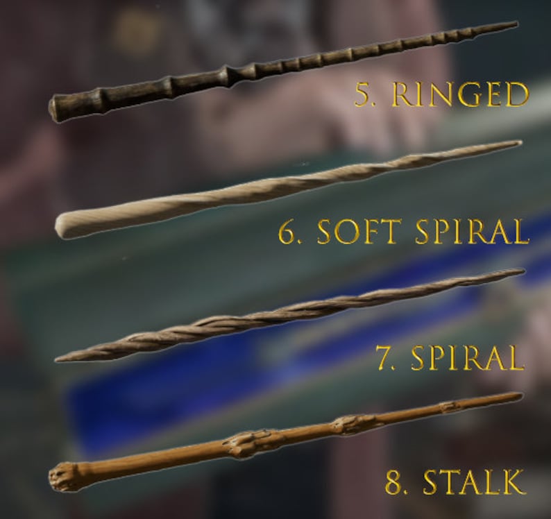 May include: Close-up of eight different wooden wands with varying textures and designs. The wands are labeled with numbers and names, including "Ringed", "Soft Spiral", "Spiral", and "Stalk".