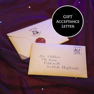 May include: Two parchment-colored envelopes, one sealed with a red wax stamp and the other addressed to Mr. S. Sallow, are displayed. The text "GIFT ACCEPTANCE LETTER" is in a black circle. The envelopes are on a dark purple surface.