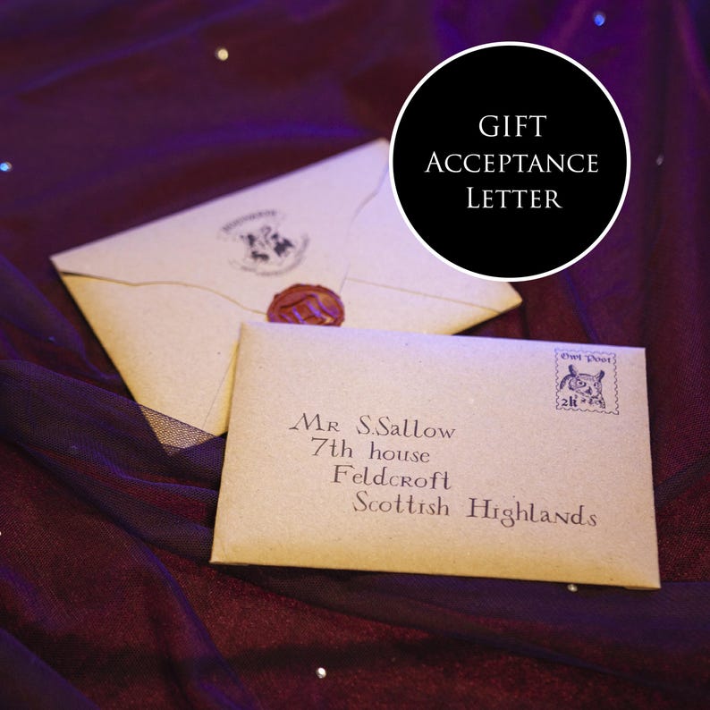 May include: Two parchment-colored envelopes, one sealed with a red wax stamp and the other addressed to Mr. S. Sallow, are displayed. The text "GIFT ACCEPTANCE LETTER" is in a black circle. The envelopes are on a dark purple surface.