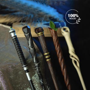 May include: Five wooden wands with different designs and colours. The wands are made of 100% wood and have a natural finish. The wands are all about 30 cm long and are perfect for cosplay or fantasy role-playing.