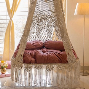 Bohemian Hanging Day Bed with Off White Motifs and Tassels