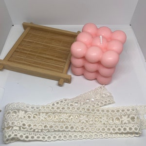 Wedding / party favor - Beautifully wrapped soy scented bubble candle with a wooden tray.