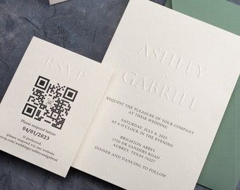 Elegant Embossed Wedding Invites with Custom Design and Sage Green Envelopes