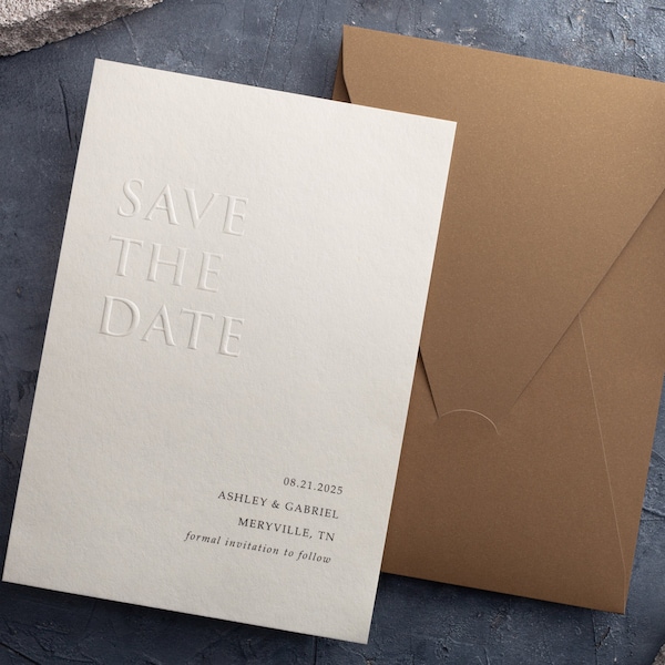 Save the Date Embossed and Letterpress Cards with Minimalist Design and Ecru Envelope