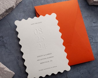 Save the Date Embossed & Letterpress Cards with Minimalist Design and Burnt Orange Envelope