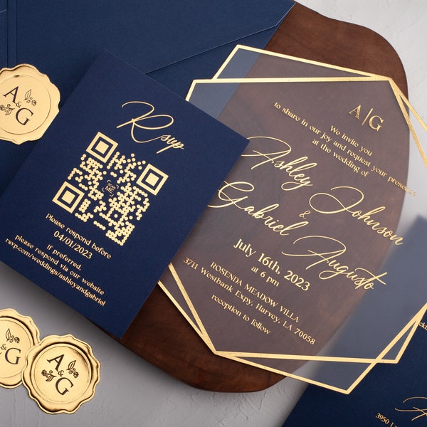 Navy Blue and Gold Acrylic Wedding Invitation, Gold Foil Printed Acrylic Wedding Invite