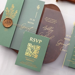 Sage Green & Gold Foil Acrylic Wedding Invitation With Folded Envelope ...