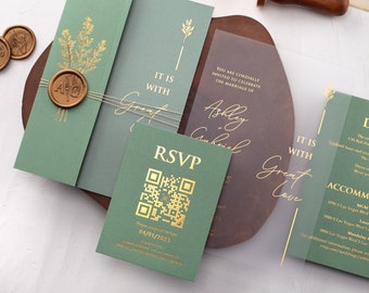Sage Green & Gold Foil Acrylic Wedding Invitation with Folded Envelope, Custom Wax Seal, and Gold Foil Printing