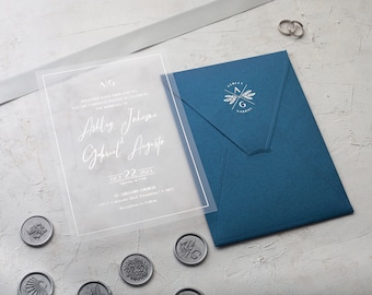 Silver Foil Acrylic Wedding Invitation with Royal Blue Envelope