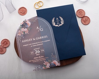 Acrylic Floral Wedding Invitation, Rose Gold Foil Print, Navy Blue Envelope, Elegant Arched Reception Card with Rose Bouquet