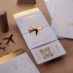 Goldfolie und weißer Pass Hochzeitseinladung, Zielhochzeits-Pass, Boarding-Pass-Stil laden ein