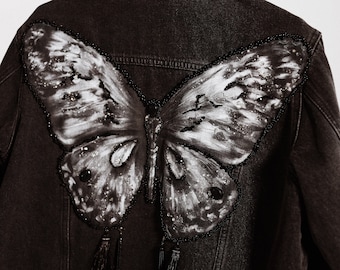 Women 3D butterfly oversized denim jacket,embellished with Swarovski crystals,high quality, hand beaded, unique embroidery jacket, handmade
