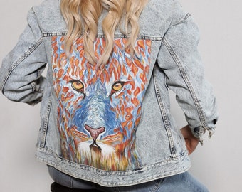 Women's light blue oversized denim jacket with Swarovski crystals,hand made unique design,high quality organic cotton jacket, colorful print