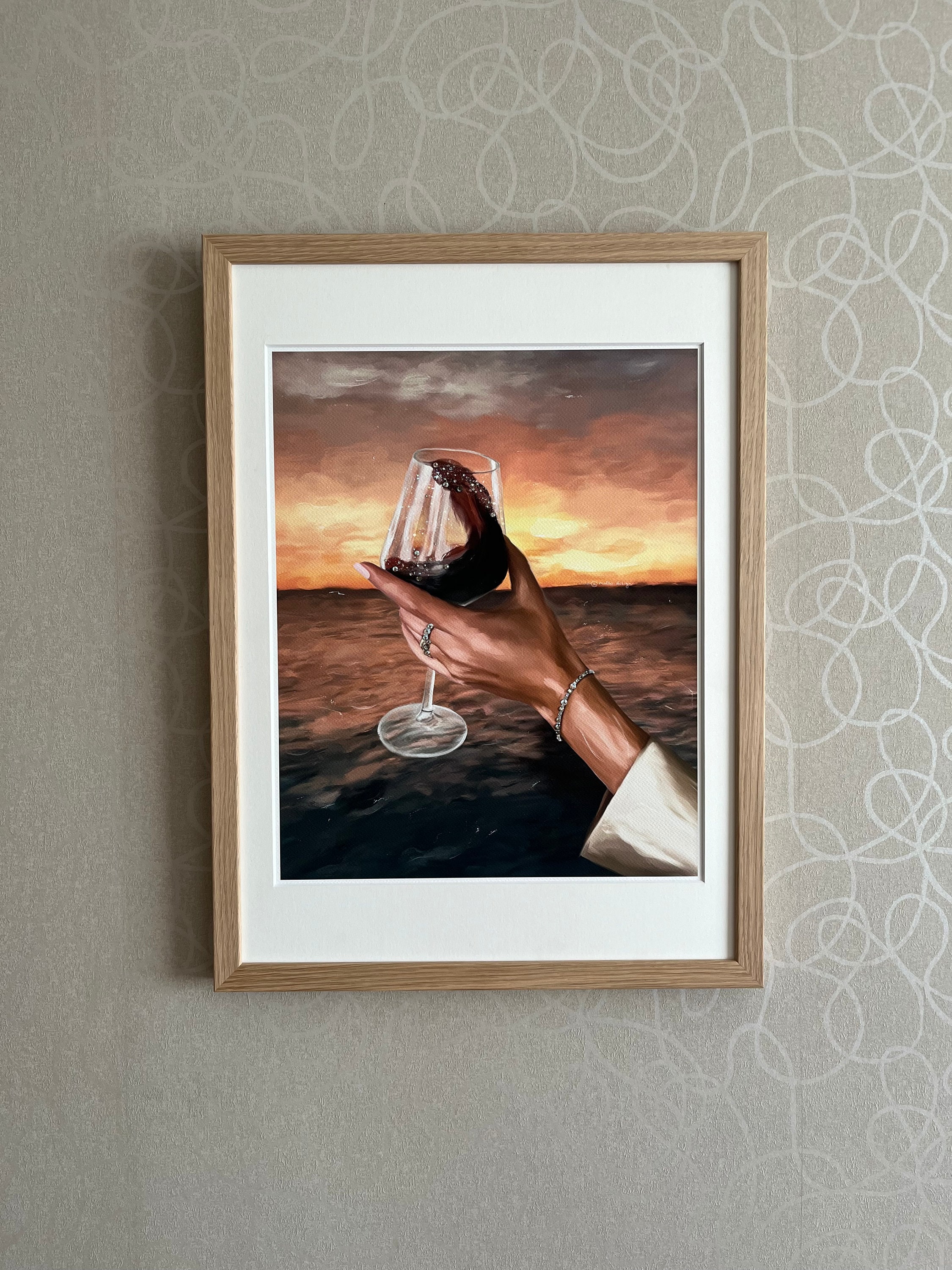 Wine & sunset wall art, digital oil painting with Swarovski crystals, modern home decor, high quality art with wooden frame, unique artwork