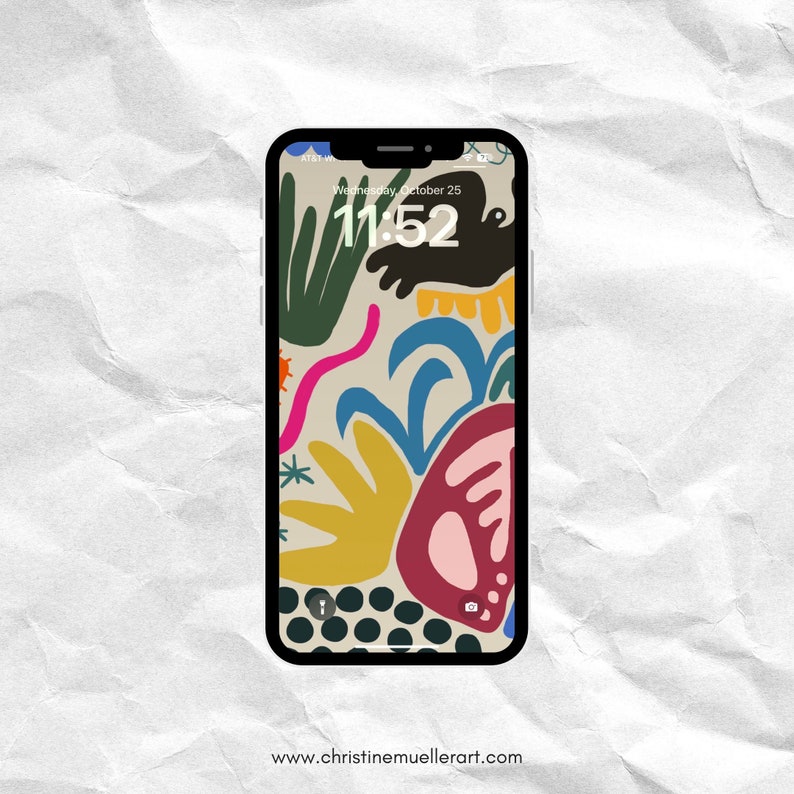 Puede incluir: Una pantalla de tel&eacute;fono con un dise&ntilde;o abstracto colorido que presenta una variedad de formas y colores, incluyendo amarillo, rojo, azul, verde y negro. La hora es 11:52 y la fecha es mi&eacute;rcoles 25 de octubre.