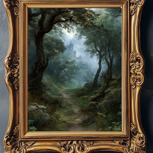 Woodland Path to Castle Fantasy Forest Landscape Painting, Printable wall art-Dark Academia, Victorian Gothic & Library Decor, Bookish Merch