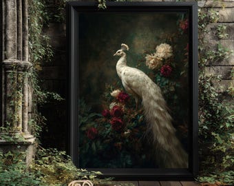 White Peacock & Christmas Florals Printable wall art, Moody Victorian Gothic, Dark Academia, Cottagecore Antique Oil painting, Gift for Her
