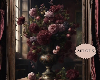 May include: A still life painting of a bouquet of deep red, pink, and purple flowers in a dark blue and gold vase. The flowers are arranged in a vase with a floral pattern. The painting is framed in a dark wood frame.