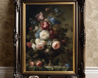 Cottagecore Floral Still Life Oil Painting, Printable Wall Art- Dark Academia, Victorian Gothic, French Country & Farmhouse Kitchen Decor