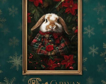 Scottish Bunny Christmas Floral Art: Festive Rabbit Print (Digital Download)