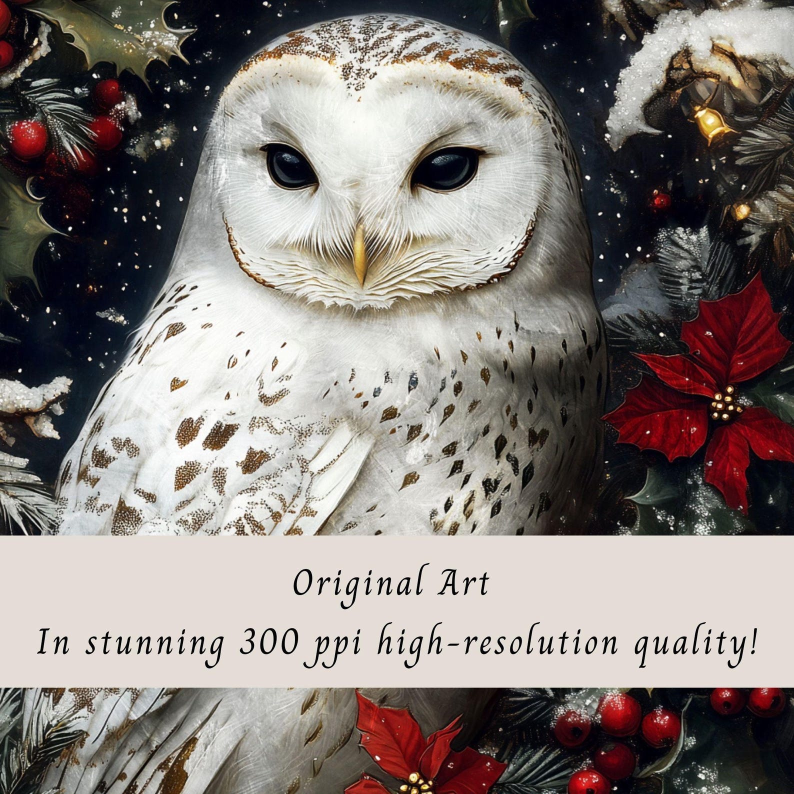 White Snowy Owl With Christmas Florals Printable Wall Art , Festive ...