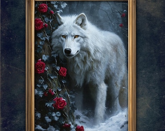 Printable White Wolf with Roses moody floral wall art, Dark Academia art prints, Vintage Forest animal wildlife Gothic oil painting gift