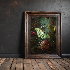 Victorian artwork featuring a luna moth with roses and other dark flowers.