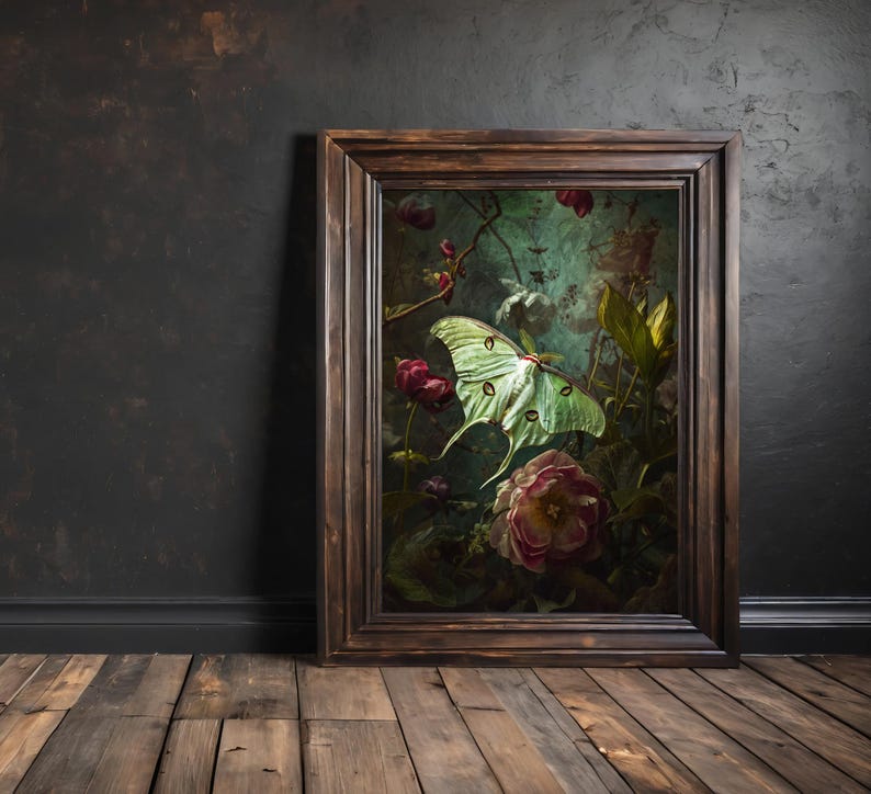 Victorian artwork featuring a luna moth with roses and other dark flowers.