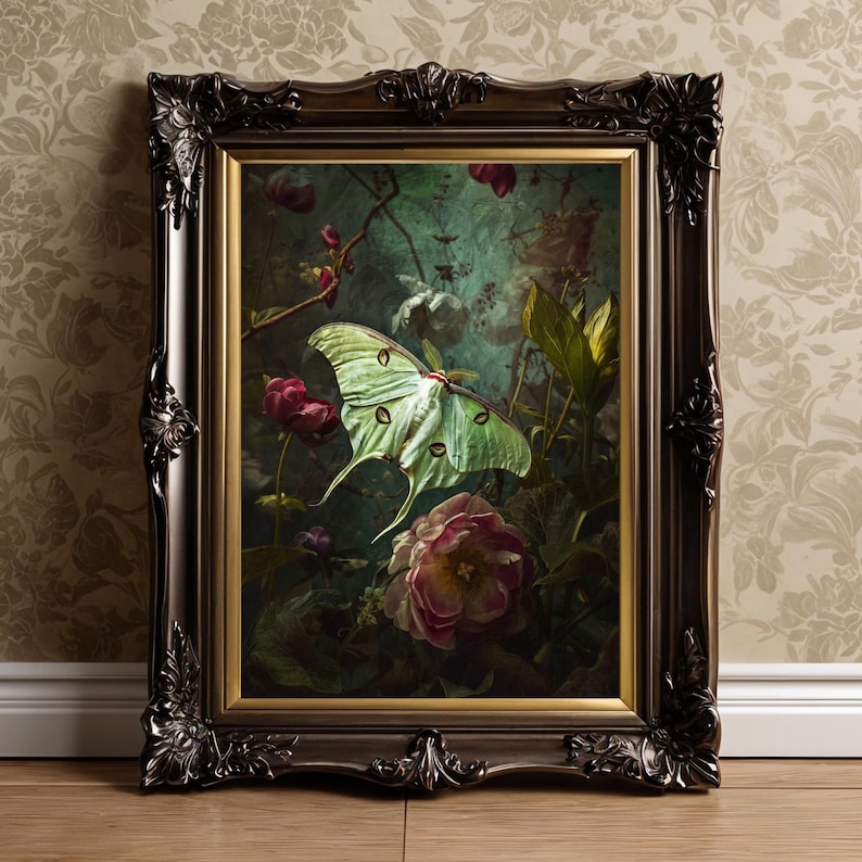 Victorian artwork featuring a luna moth with roses and other dark flowers.