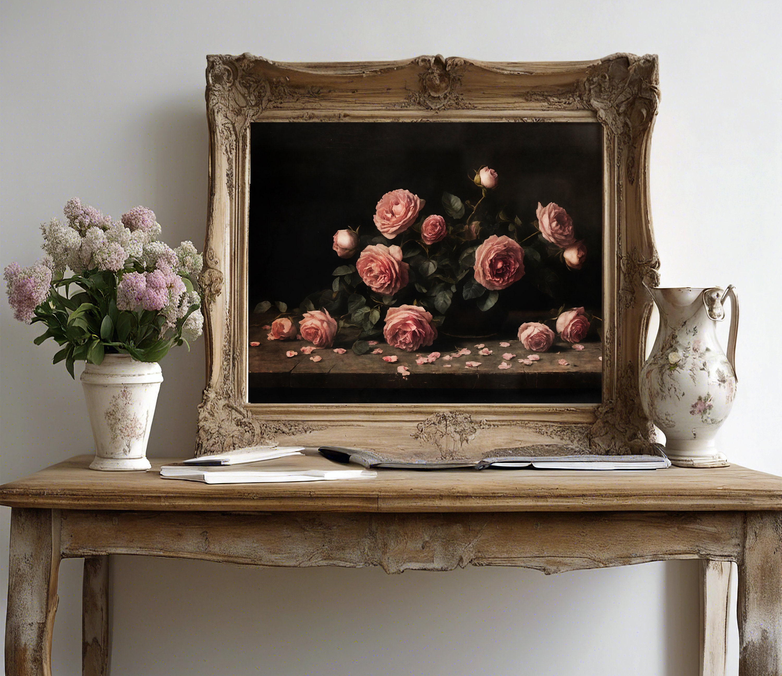 Moody Pink Roses Fine Art Print, Vintage Floral Wall Art, Dark ...