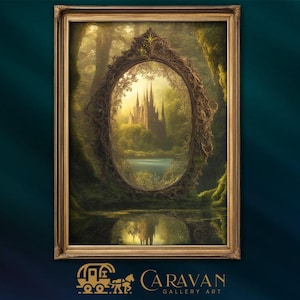 artwork of a giant gold mirror set in the deep moss covered forest at the edge of a pond.  It is reflecting back a magical scene of a fantasy world.