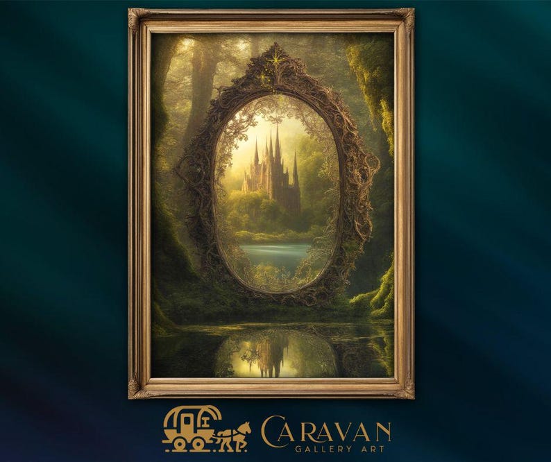 artwork of a giant gold mirror set in the deep moss covered forest at the edge of a pond.  It is reflecting back a magical scene of a fantasy world.