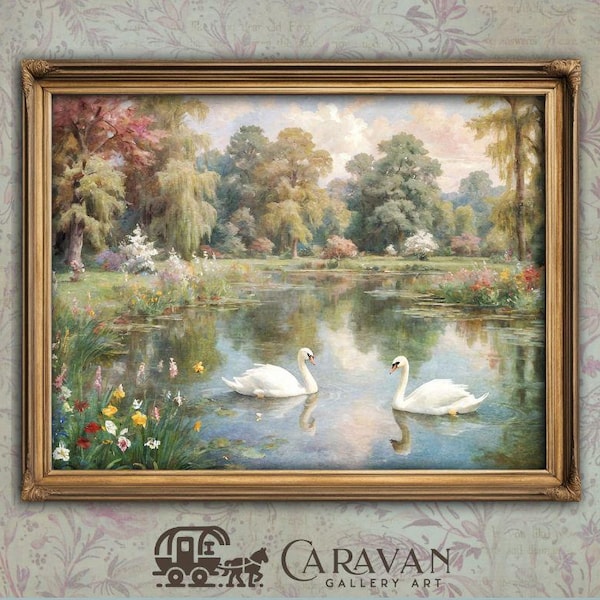 Pre-Raphaelite Swans landscape painting, PRINTABLE wall art, Victorian & Cottagecore Decor, Original French Country Decor Vintage art prints